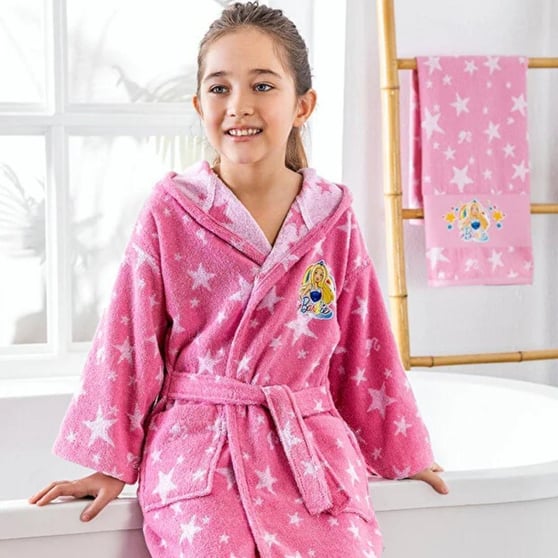 Özdilek Barbie Star Pembe Çocuk Bornoz Seti 4-6 Yaş %100 Pamuk