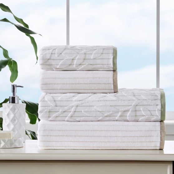 Özdilek Leaf Stripe Bej-Yeşil %100 Pamuk Kadife Aile Bornoz Seti M/L