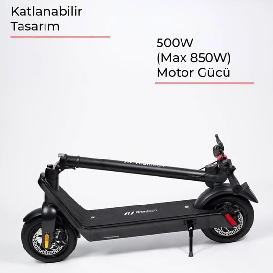 Pirantech X9 Elektrikli Scooter - Çıkartılabilir Bataryalı Max 850W Katlanabilir Scooter - Siyah