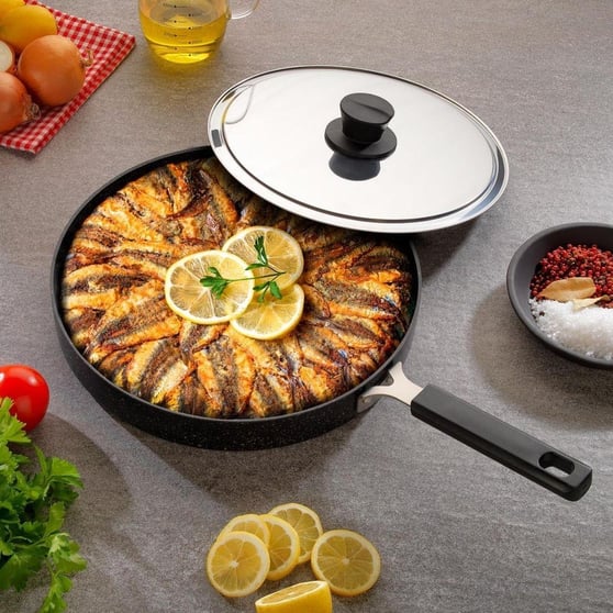 Schafer Fish Pan 32 Cm Kapaklı Granit Balık Tavası 2 Parça Siyah