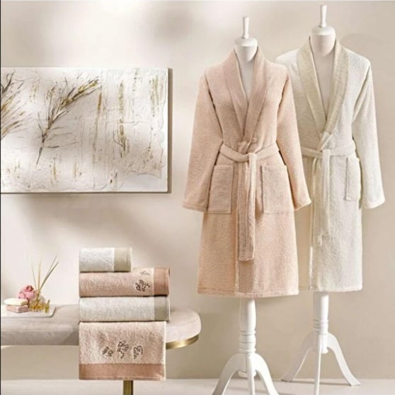 Taç Pure Cotton Mira Aile Bornoz Seti 6lı %100 Pamuk Somon Ekru