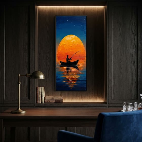 Gece Balıkçı Dolunay Yağlı Boya Dokulu TabloYağlı Boya Dokulu Manzara TablolarıTablolife