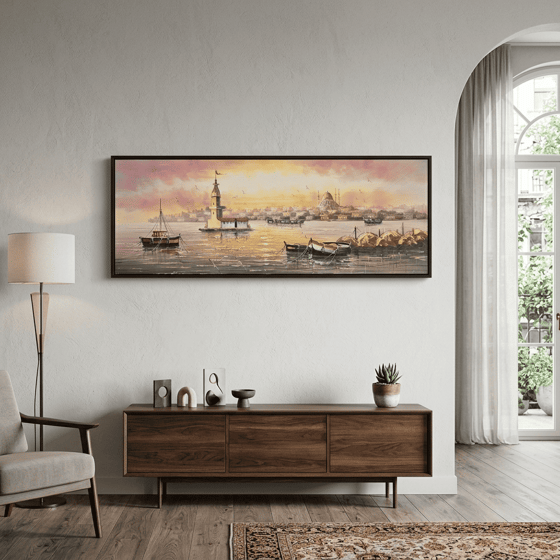 İstanbul Manzarası Handmade Tamamı Yağlı Boya TabloYağlı Boya Dokulu Şehir TablolarıTablolife