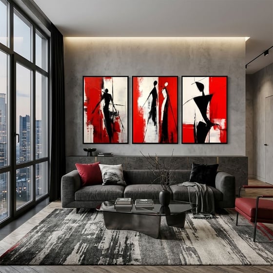 Kırmızı Siyah Modern 3'lü Soyut Figüratif Yağlı Boya Tablo SetiYağlı Boya Dokulu Soyut TablolarTablolife