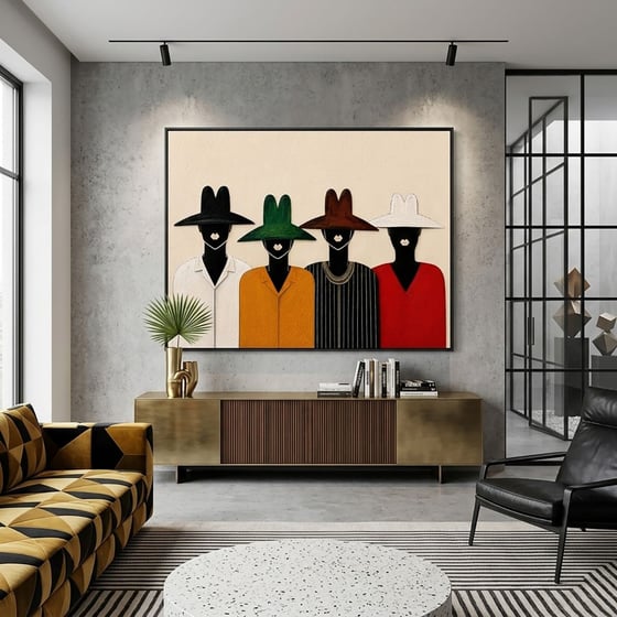 Şapkalı Siluetler Modern Sürrealist Yağlı Boya Dokulu TabloYağlı Boya Dokulu Soyut TablolarTablolife