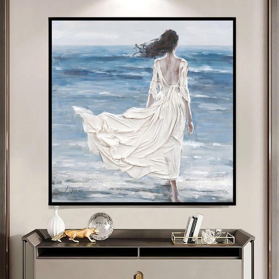 Woman In White Dress Yağlı Boya Dokulu TabloYağlı Boya Dokulu Kadın Temalı TablolarTablolife