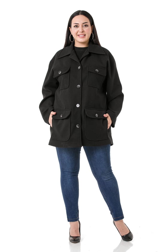 Plus Size Shirt Collar Covered Pockets Lined Black Stitched Overcoat