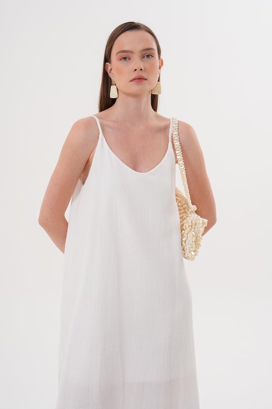 E28-7314*-EKRU-LLEVUREÜst GiyimAskı Ayarlı Oversize Müslin Elbise EKRU