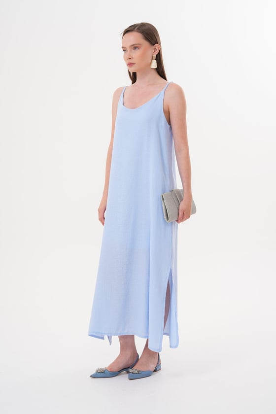 E28-7314*-MİNT-LLEVUREÜst GiyimAskı Ayarlı Oversize Müslin Elbise MİNT