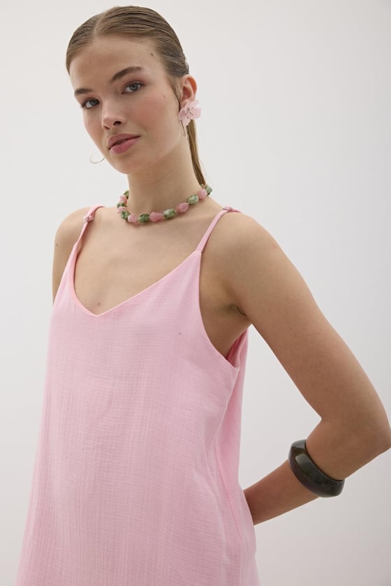 E28-7314*-PEMBE-LLEVUREÜst GiyimAskı Ayarlı Oversize Müslin Elbise PEMBE