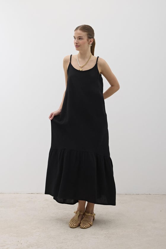 E28-7314*-SİYAH-LLEVUREÜst GiyimAskı Ayarlı Oversize Müslin Elbise SİYAH