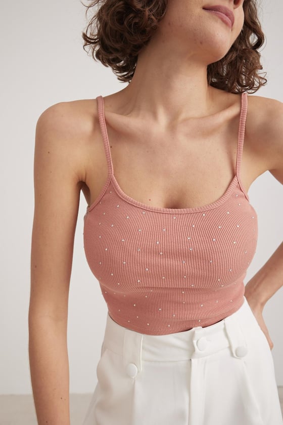 Askılı Taş İşlemeli Crop Atlet PUDRA