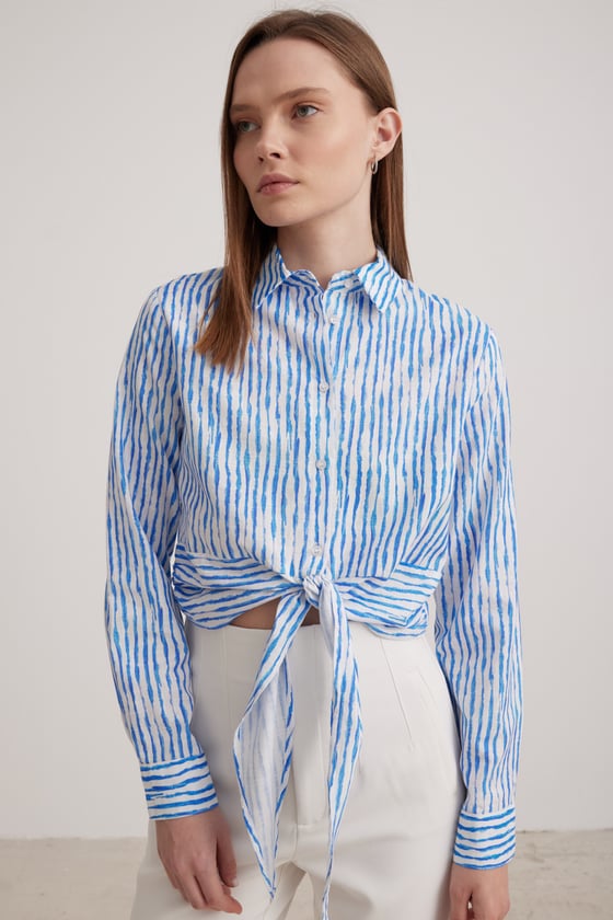 G27-4689-M-DESENLİLEVUREGÖMLEKBağlama Detaylı Crop Kadın Gömlek DESENLİ