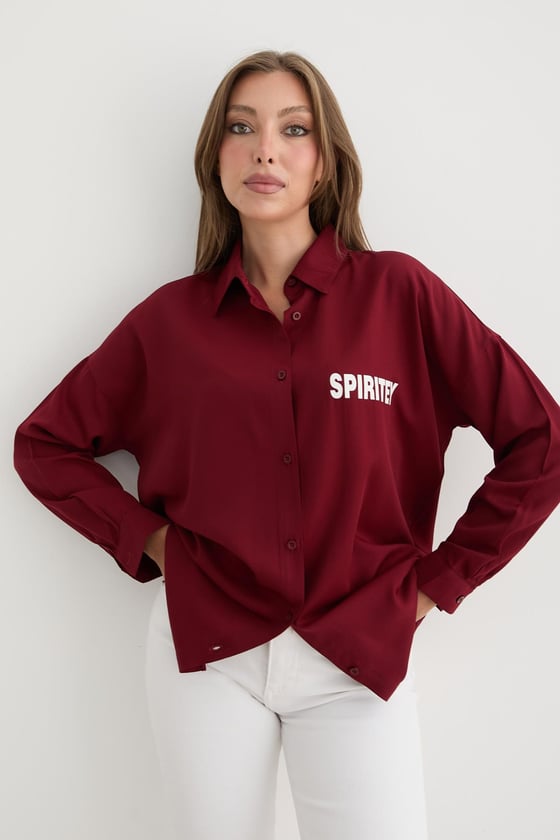 G28-4871-BORDO-LLEVUREÜst GiyimBaskı Detaylı Düğmeli Oversize Gömlek BORDO