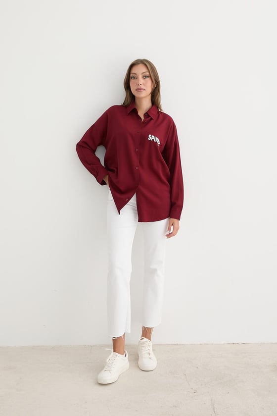 G28-4871-BORDO-LLEVUREÜst GiyimBaskı Detaylı Düğmeli Oversize Gömlek BORDO