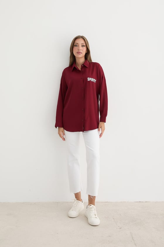 G28-4871-BORDO-LLEVUREÜst GiyimBaskı Detaylı Düğmeli Oversize Gömlek BORDO