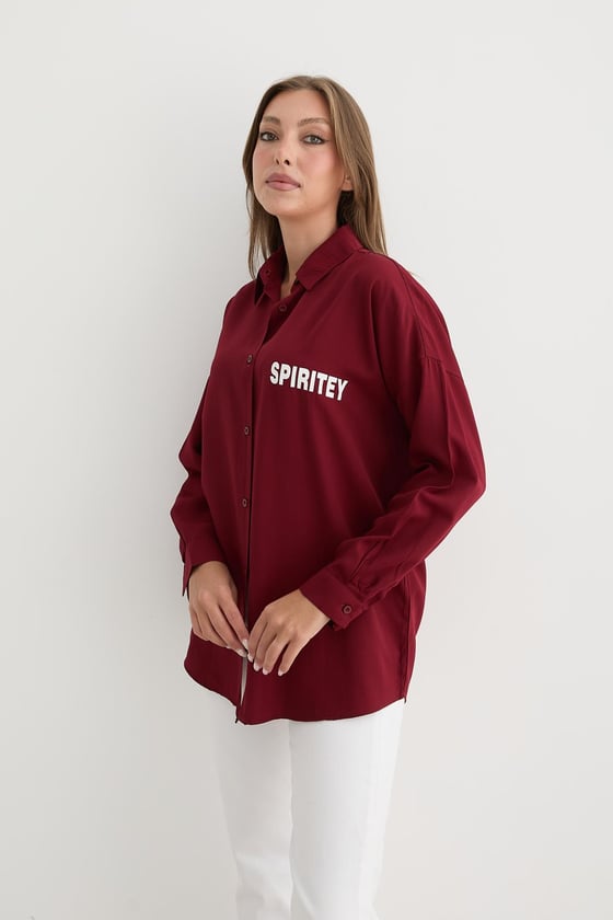 G28-4871-BORDO-LLEVUREÜst GiyimBaskı Detaylı Düğmeli Oversize Gömlek BORDO