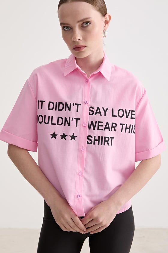 G27-4809-PEMBELEVUREÜst GiyimBaskı Detaylı Oversize Gömlek PEMBE