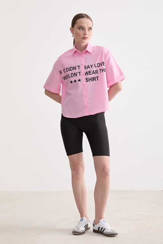 G27-4809-PEMBELEVUREÜst GiyimBaskı Detaylı Oversize Gömlek PEMBE