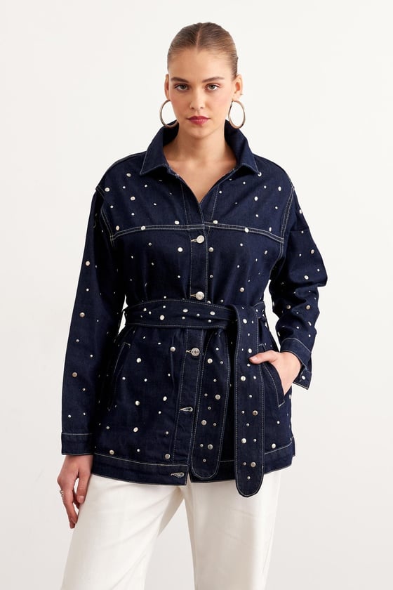 M28-5808*-RİNSYIKAMA-LLEVUREDış GiyimBeli Kuşak Detaylı Drop Çakımlı Kot Ceket RİNS YIKAMA