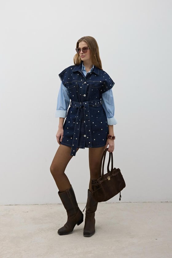 Y28-9088*-RİNSYIKAMA-LLEVUREDış GiyimBeli Kuşaklı Önü Düğmeli Kot Yelek RİNS YIKAMA