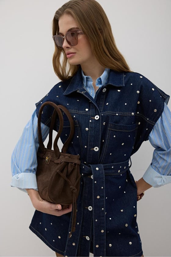 Y28-9088*-RİNSYIKAMA-LLEVUREDış GiyimBeli Kuşaklı Önü Düğmeli Kot Yelek RİNS YIKAMA