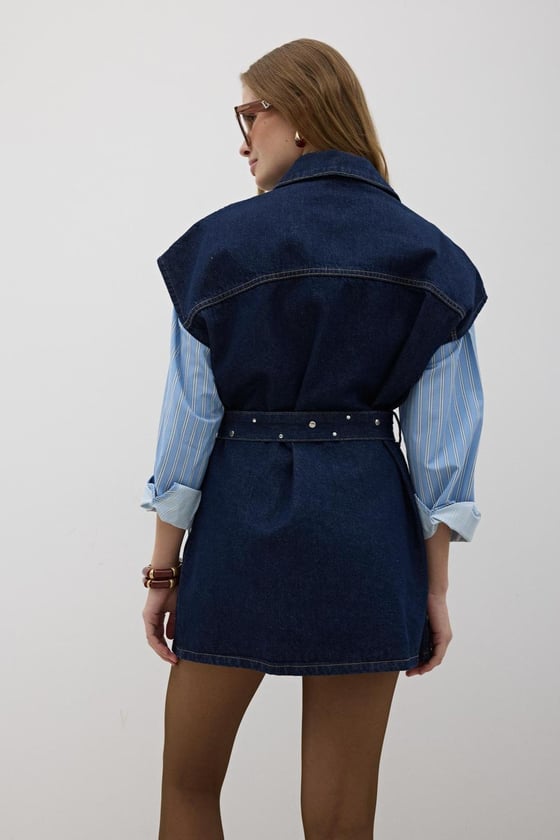 Y28-9088*-RİNSYIKAMA-LLEVUREDış GiyimBeli Kuşaklı Önü Düğmeli Kot Yelek RİNS YIKAMA