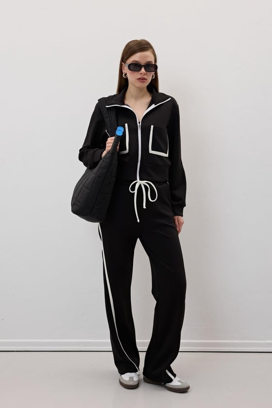 P28-3488-SİYAH-LLEVUREAlt GiyimBeli Lastikli Garni Biye Detaylı Pantolon SİYAH