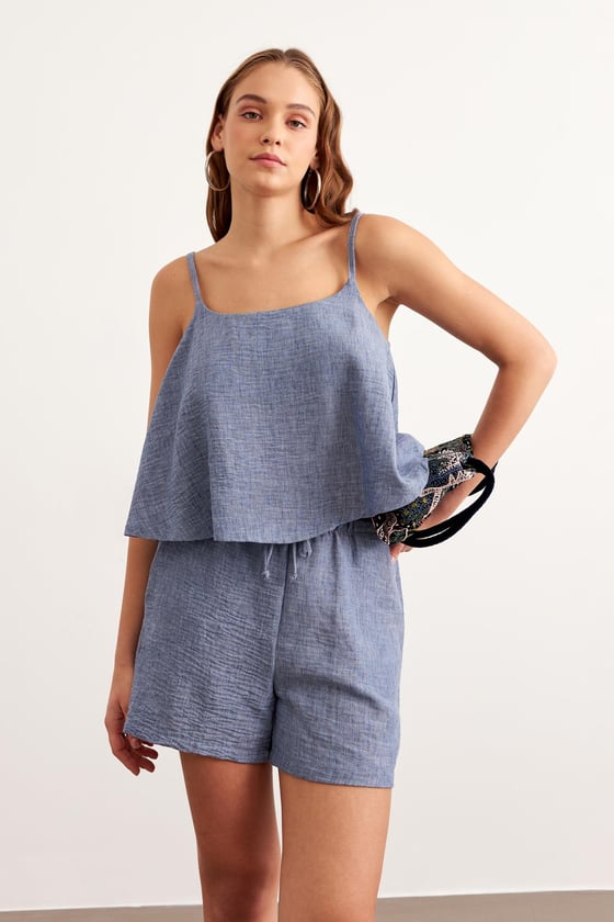 S28-1192*-MAVİ-LLEVUREAlt GiyimBeli Lastikli Kısa Keten Şort MAVİ