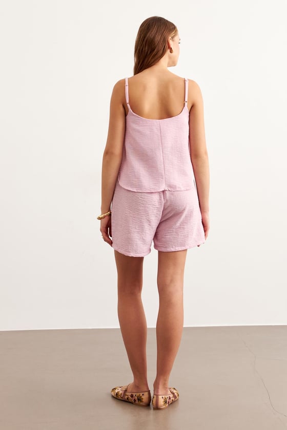 S28-1192*-PEMBE-LLEVUREAlt GiyimBeli Lastikli Kısa Keten Şort PEMBE