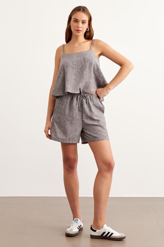 S28-1192*-SİYAH-LLEVUREAlt GiyimBeli Lastikli Kısa Keten Şort SİYAH