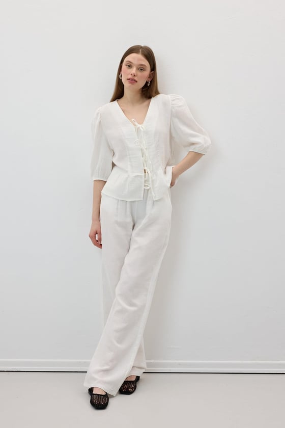 P28-3482*-EKRU-LLEVUREAlt GiyimBeli Lastikli Müslin Pantolon EKRU