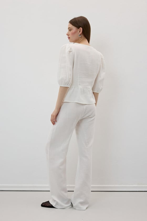 P28-3482*-EKRU-LLEVUREAlt GiyimBeli Lastikli Müslin Pantolon EKRU