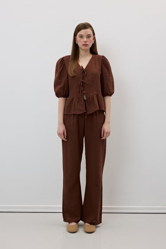 P28-3482*-KAHVE-LLEVUREAlt GiyimBeli Lastikli Müslin Pantolon KAHVE