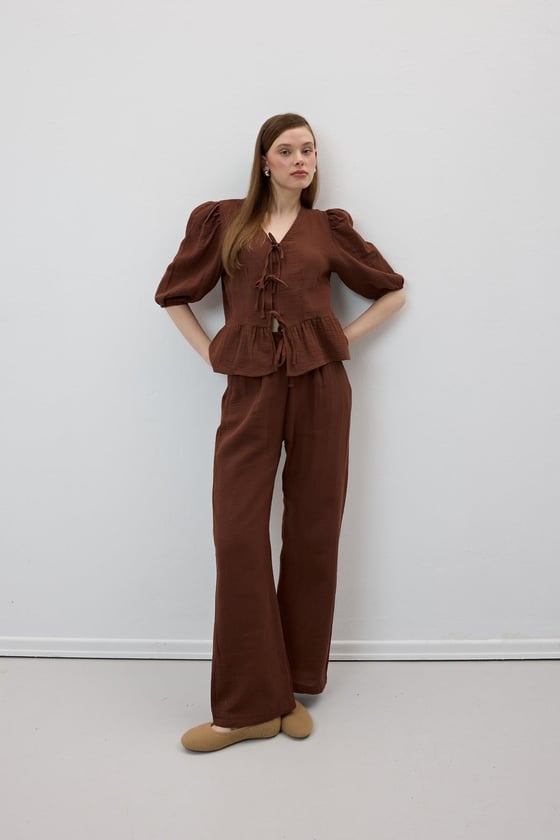 P28-3482*-KAHVE-LLEVUREAlt GiyimBeli Lastikli Müslin Pantolon KAHVE