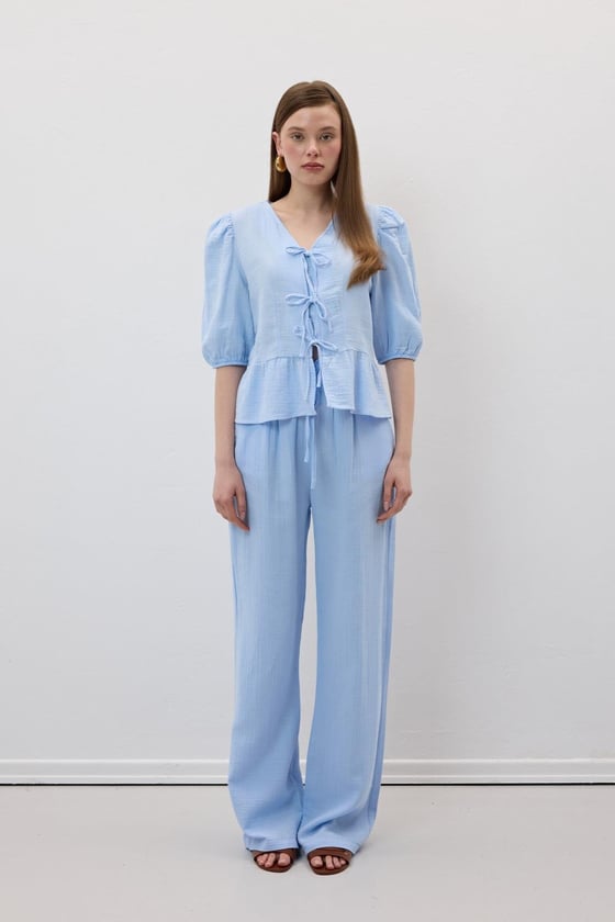 P28-3482*-MAVİ-LLEVUREAlt GiyimBeli Lastikli Müslin Pantolon MAVİ