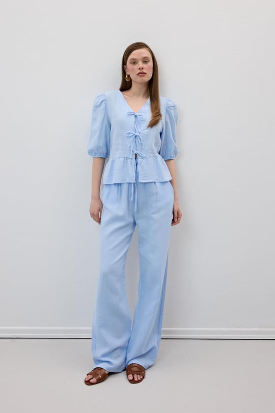 P28-3482*-MAVİ-LLEVUREAlt GiyimBeli Lastikli Müslin Pantolon MAVİ