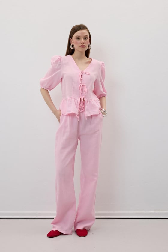 P28-3482*-PEMBE-LLEVUREAlt GiyimBeli Lastikli Müslin Pantolon PEMBE