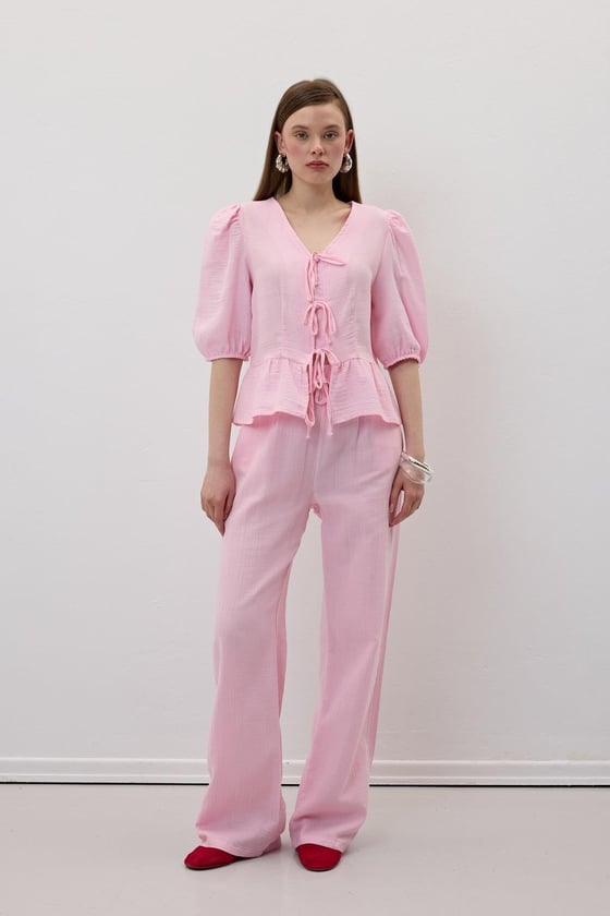 P28-3482*-PEMBE-LLEVUREAlt GiyimBeli Lastikli Müslin Pantolon PEMBE