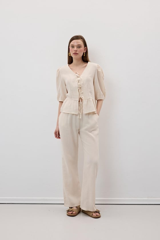 P28-3482*-TAŞ-LLEVUREAlt GiyimBeli Lastikli Müslin Pantolon TAŞ