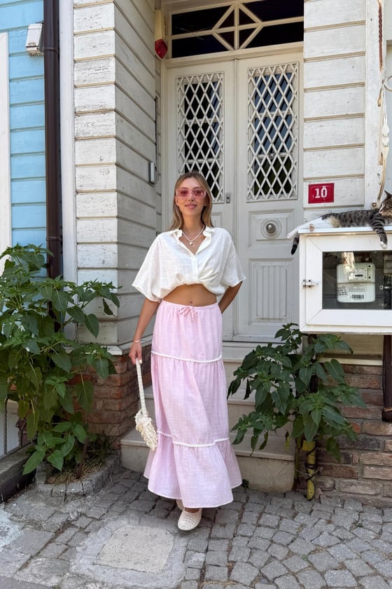 E28-6227-PEMBE-LLEVUREAlt GiyimBeli Lastikli Ponpon Detaylı Etek PEMBE