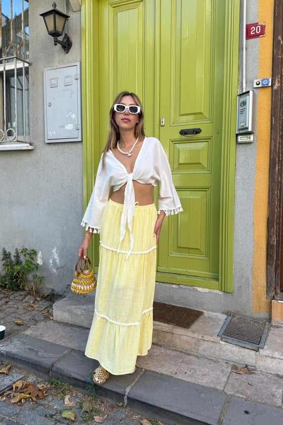 E28-6227-SARI-LLEVUREAlt GiyimBeli Lastikli Ponpon Detaylı Etek SARI