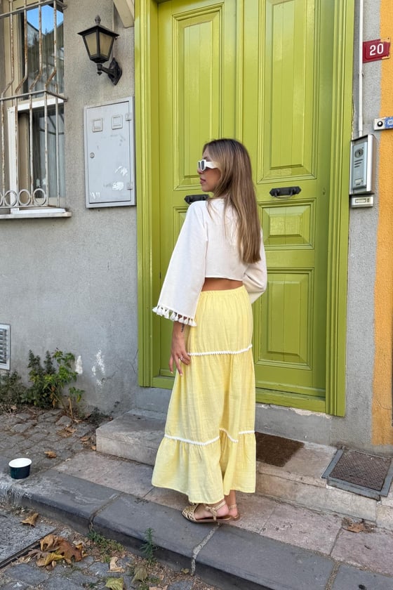 E28-6227-SARI-LLEVUREAlt GiyimBeli Lastikli Ponpon Detaylı Etek SARI