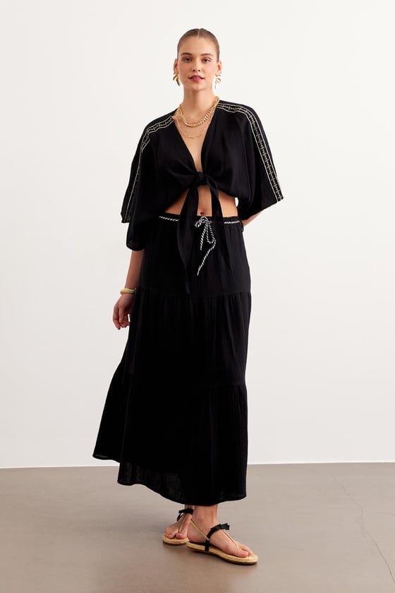 E28-6183*-SİYAH-LLEVUREAlt GiyimBeli Lastikli Ve Kordon Detaylı Uzun Etek SİYAH