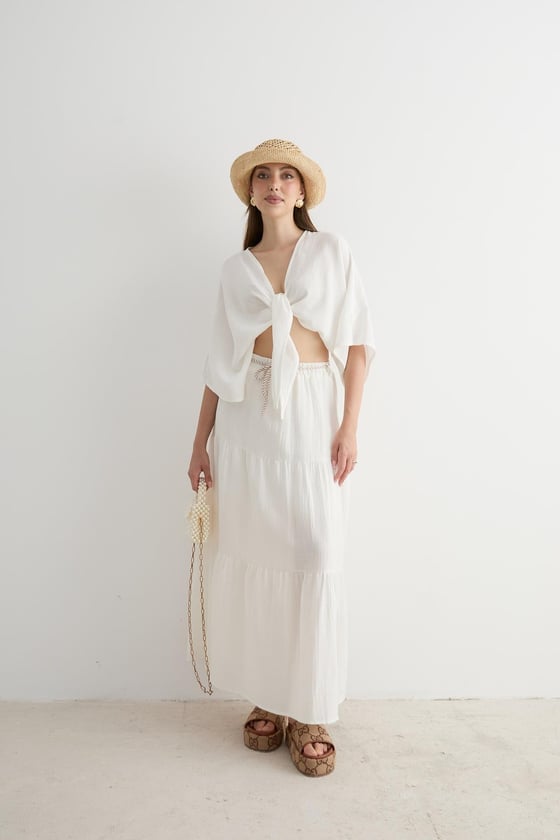 E28-6183*-EKRU-LLEVUREAlt GiyimBeli Lastikli Ve Kordon Detaylı Uzun Etek EKRU