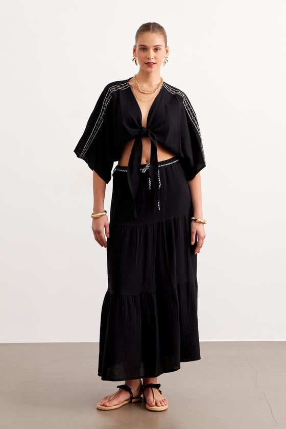 E28-6183*-SİYAH-LLEVUREAlt GiyimBeli Lastikli Ve Kordon Detaylı Uzun Etek SİYAH