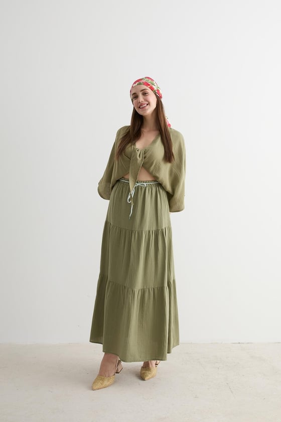 E28-6183*-HAKİ-MLEVUREAlt GiyimBeli Lastikli Ve Kordon Detaylı Uzun Etek HAKİ