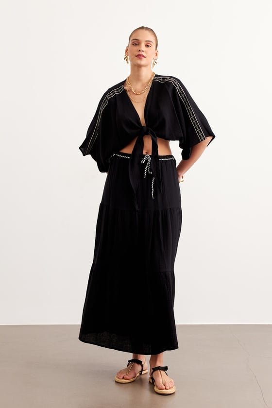 E28-6183*-SİYAH-LLEVUREAlt GiyimBeli Lastikli Ve Kordon Detaylı Uzun Etek SİYAH