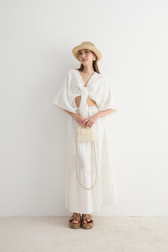 E28-6183*-EKRU-LLEVUREAlt GiyimBeli Lastikli Ve Kordon Detaylı Uzun Etek EKRU