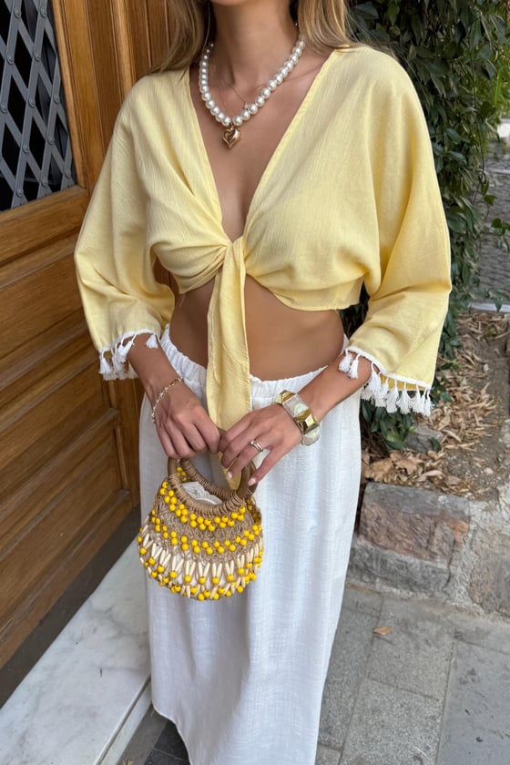 B28-4002-SARI-LLEVUREÜst GiyimBeyaz Püskül Detaylı Bağlamalı Kimono SARI